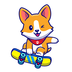 Skateboarding corgi representing Stellar Paws Adventurer off-leash dog walking package