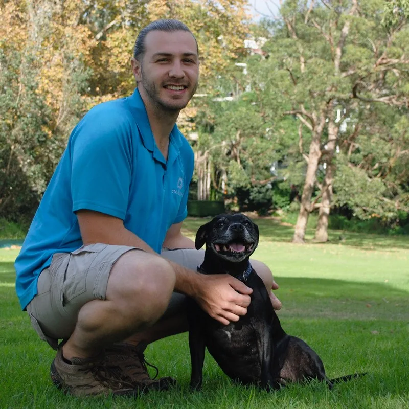 Beau, founder of Stellar Paws and qualified dog trainer with a happy black dog during an off-leash walking session in Sydney's Lower North Shore